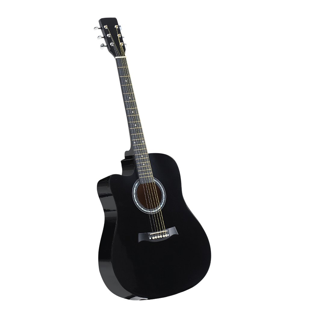 BoPeep 38 Inch Wooden Folk Acoustic Guitar with a sleek black finish and cutaway design, showcasing its laminated linden body and Eco-Rosewood fingerboard.